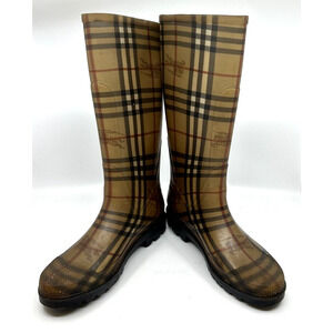 Burberry Rubber Rain Boots Women's Knee High Sz 7 Brown Novacheck Print Italy